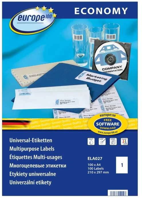 Lipnios etiketės Avery Europe, A4, 210x297mm, 1 etiketė lape, 100 lapų, baltos spalvos