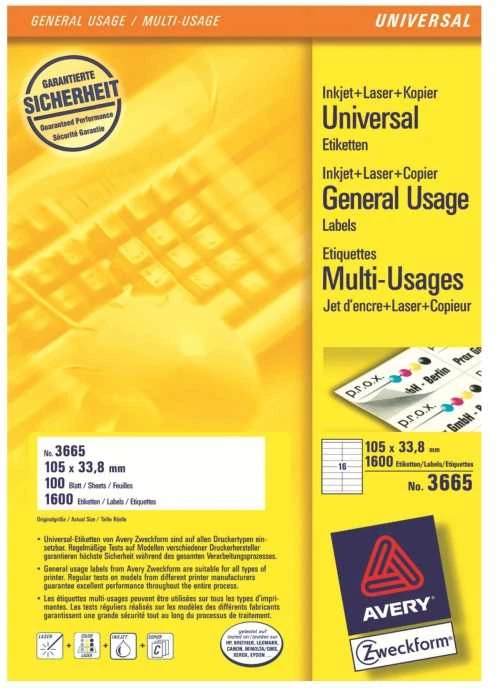 Lipnios etiketės Avery Zweckform, A4, 105×33,8mm, 16 etikečių lape, 100 lapų, baltos spalvos