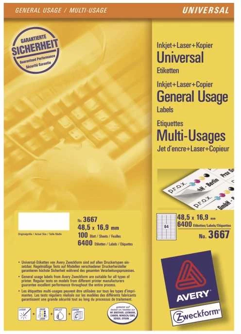 Lipnios etiketės Avery Zweckform, A4, 48,5×16,9mm, 64 etiketės lape, 100 lapų, baltos spalvos