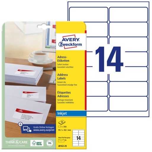 Avery Zweckform Adresų etiketės vokams 99,1 x 38,1 mm (J8163-25)