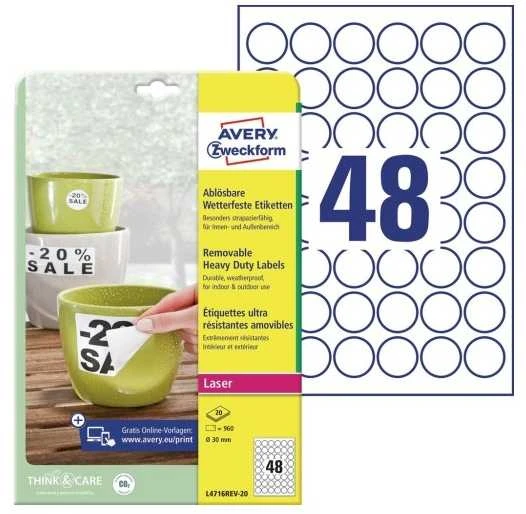 „Avery Zweckform“ nuimamos vandeniui atsparios etiketės, didelės apkrovos Ø 30 mm (L4716REV-20)