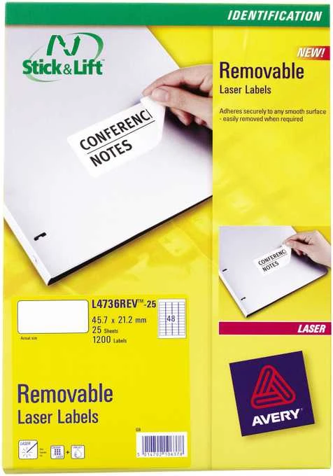 Lipnios etiketės Avery Zweckform, A4, nuimamos, 45.7×21.2mm, 48 etiketės lape, 25 lapai