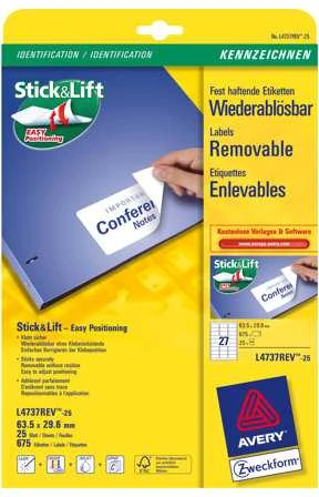 Lipnios etiketės Avery Zweckform, A4, nuimamos, 63.5×29.6mm, 27 etiketės lape, 25 lapai
