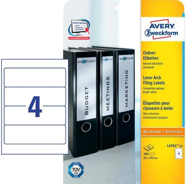 Lipnios etiketės segtuvams Avery Zweckform, A4, 192x61mm, pakuotėje 25 lapai, baltos spalvos