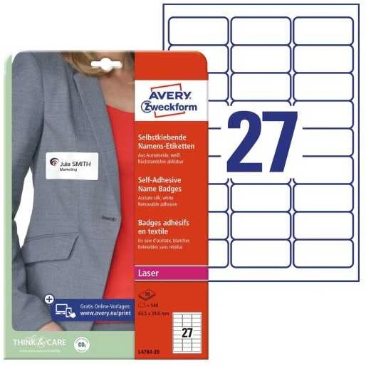 Etiketiniai vardų lipdukai Avery Zweckform, A4, 63,5×29,6mm, 27 etiketės lape, 20 lapų, baltos spalvos