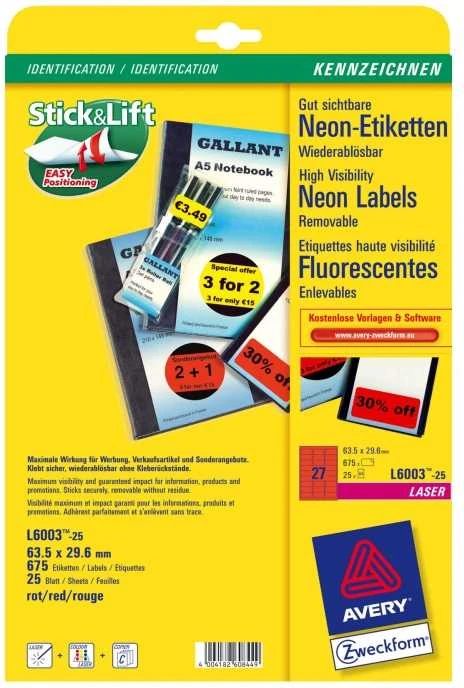 *Lipnios etiketės Avery Zweckform, A4, 63.5x29.6mm, 25 lapai, neoninės raudonos spalvos,