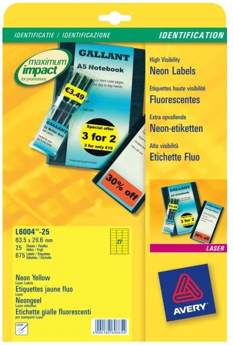Lipnios etiketės Avery Zweckform, A4, 63.5×29.6mm, 25 lapai, neoninės geltonos spalvos