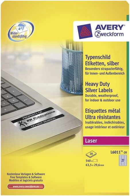 Lipnios etiketės Avery Zweckform, A4, atsparios drėgmei, 63.5×29.6mm, 27 etiketės lape, 20 lapų, sidabrinės spalvos