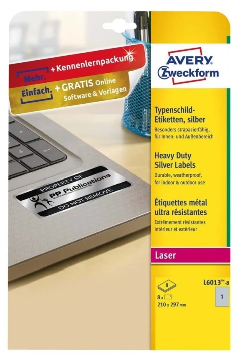 Avery Zweckform „Avery L6013-8“, sidabrinė, lipni spausdintuvo etiketė, A4, poliesteris, lazerinis, permanentinis