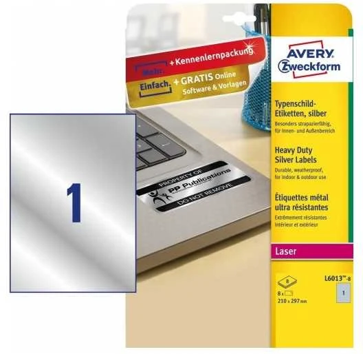 Avery Zweckform „Avery L6013-8“, sidabrinė, lipni spausdintuvo etiketė, A4, poliesteris, lazerinis, permanentinis