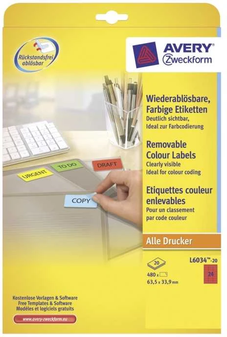 Avery Zweckform Šalinamos spalvos etiketės 63,5 x 33,9 mm raudonos (L6034- 20)