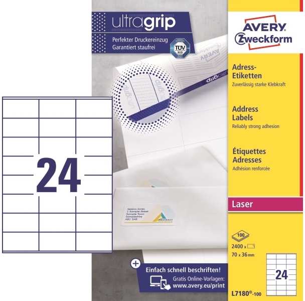 AVERY L7180-100, balta, lipnių etikečių spausdintuvas, A4, stačiakampės, 70 mm, 36 mm