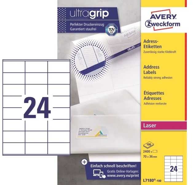 AVERY L7180-100, balta, lipnių etikečių spausdintuvas, A4, stačiakampės, 70 mm, 36 mm