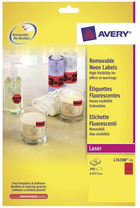 Avery Zweckform Neon etiketė 25 apvalus raudona 63,5 mm 300 apskritimai (L7670R-25)
