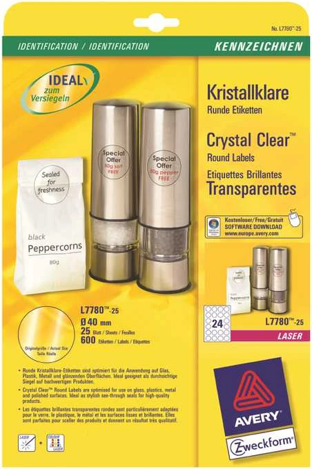 Avery Zweckform Skaidrios Crystal Clear Ø 40 mm gaminių etiketės (L7780- 25)