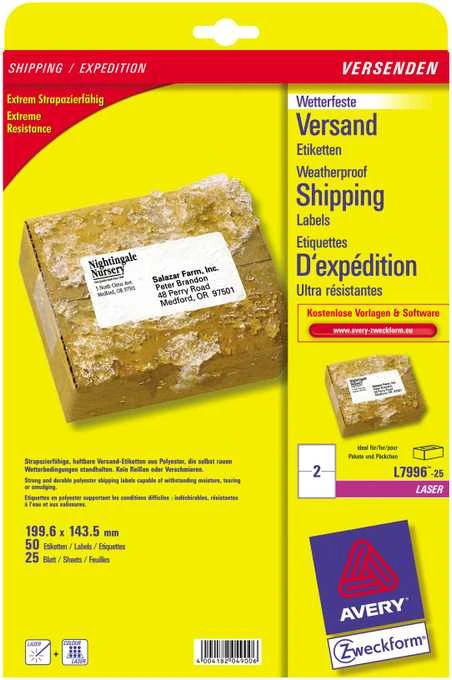 „Avery Zweckform“ vandeniui atsparios siuntimo etiketės, 199,6 x 143,5 mm (L7996-25)