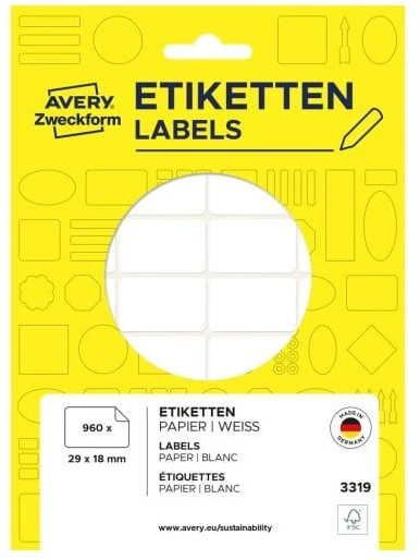Avery Mini lapinės etiketės rašymui ranka, 29 x 18mm, balta, 960 vnt