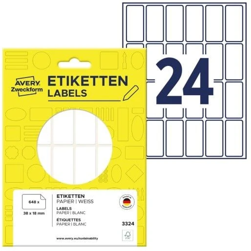 Avery Mini lapinės etiketės rašymui ranka, 38 x 18mm, balta, 648 vnt