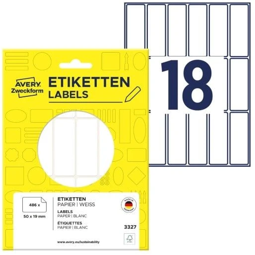 Avery Mini lapinės etiketės rašymui ranka, 50 x 19 mm, balta, 486 vnt