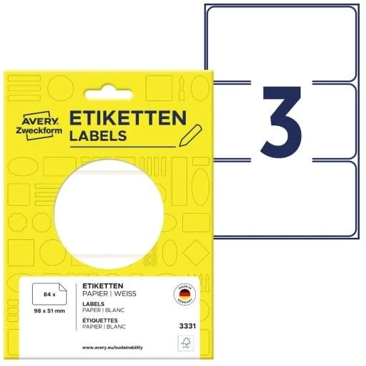 Avery Mini lapinės etiketės, skirtos rašyti ranka, 98 x 51 mm, balta, 84 vnt