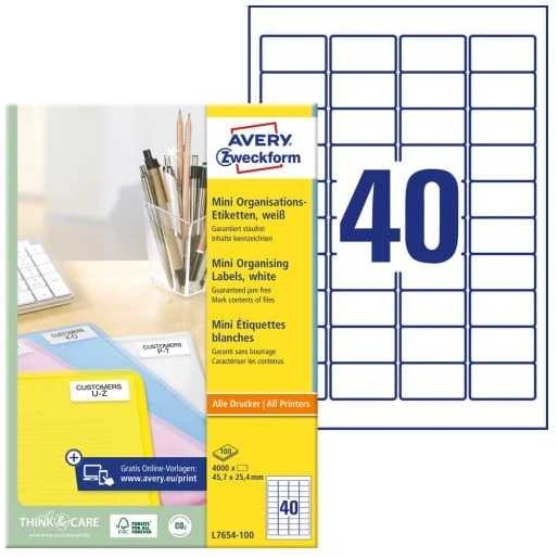 Avery Zweckform „Avery“ adresų etiketės 45,7 x 25,4 mm, baltos - (100 lapų x 40 vnt.)
