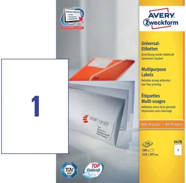 Lipnios etiketės Avery Zweckform, A4, 210x297mm, 1 etiketė lape, be rėmelio, 100 lapų, baltos spalvos