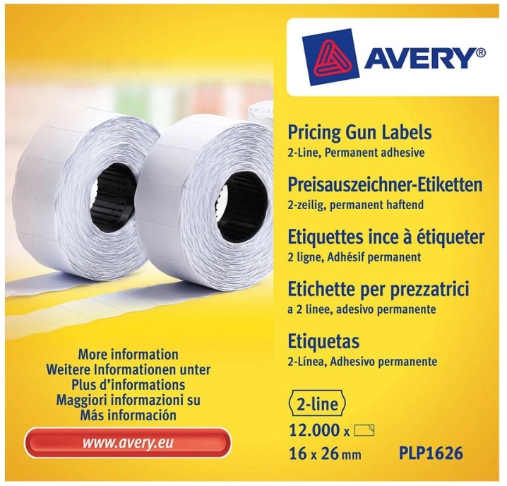 Avery Rulonėlyje kainų etiketės dvieiliui ženklintuvui; visam laikui; 1200 etikečių / ritinys; 10 ritinių/pak.; 16 x 26 mm, balta