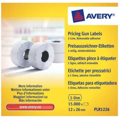 Avery Rulonėlyje kainų etiketės vienaeiliui ženklintuvui; nuimamas; 1500 etikečių / ritinys; 10 ritinių/pak.; 12x26mm, balta