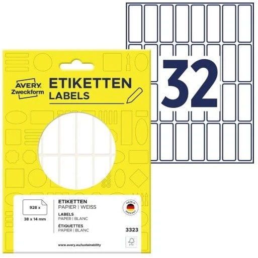 Avery Zweckform „Avery“ rankinės etiketės, baltos, 38 x 14 mm, baltos, apvalus stačiakampis, 38 x 14 mm, popierius, 32 vnt., 29 lapai