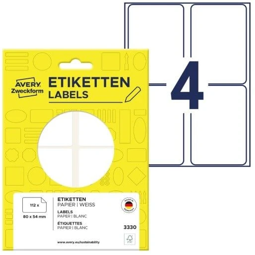 Avery Zweckform „Avery“ rankinės etiketės, Baltos, 80 x 54 mm, Balta, Apvalus stačiakampis, 80 x 54 mm, Universalios, Popierius, 4 vnt.