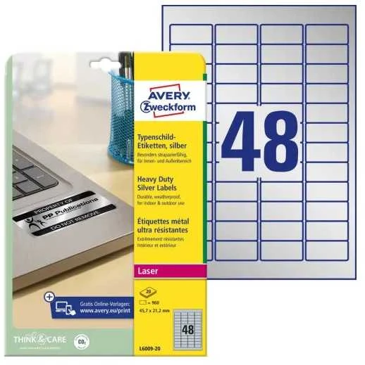 Avery Zweckform Avery sidabrinės itin tvirtos etiketės, sidabrinės, užapvalintų kampų stačiakampis, nuolatinės, DIN A4, poliesteris, 78 g/m²