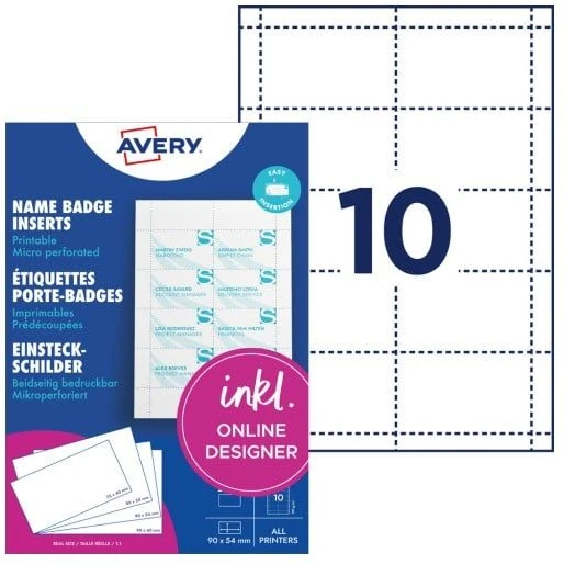 Avery Zweckform „Avery“ spausdinami įdėklai, ženklelių įdėklas, baltas, 200 vnt., kartonas, FSC, 90 mm