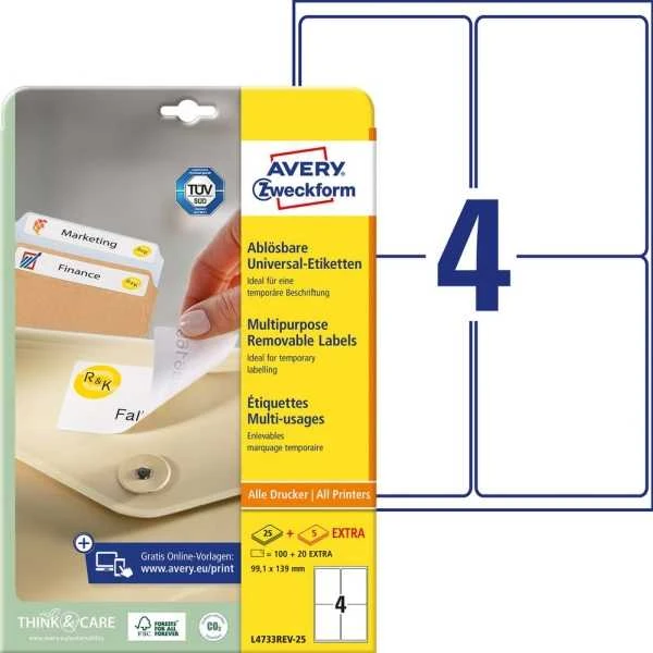 Avery Zweckform nuimamos etiketės universalus 99,1 x 139 mm (L4733REV-25)