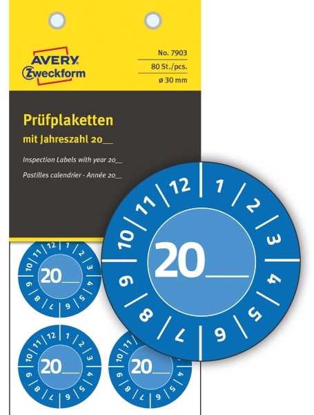 AVERY Blå inspektionsetiket Ø30 mm med årstal 20__ til selv at udfylde, Vinyl Blå - (10 ark x 8 stk.)