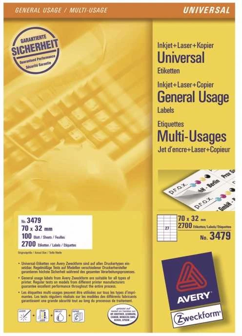 Lipnios etiketės Avery Zweckform, A4, 70x32mm, 27 etiketės lape, 100 lapų, baltos spalvos