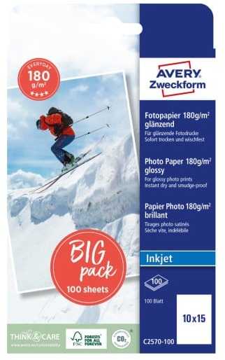 AVERY Fotopapir 10x15cm 180g Glossy t/inkjet 1 foto/ark 100ark/pak - (100 ark pr. pakke)