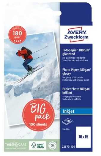 AVERY Fotopapir 10x15cm 180g Glossy t/inkjet 1 foto/ark 100ark/pak - (100 ark pr. pakke)