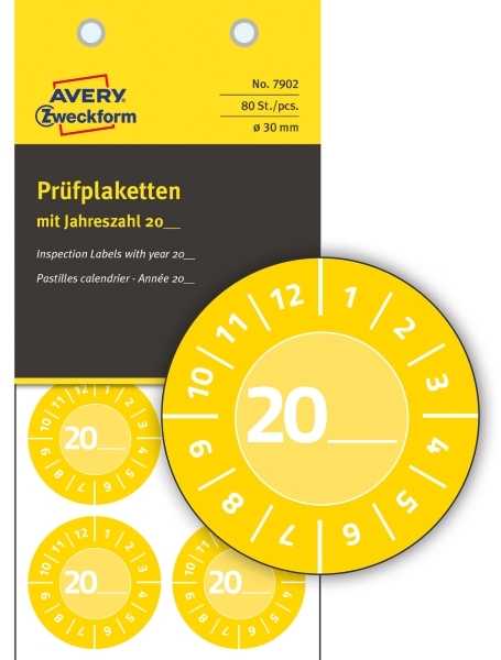 AVERY Gul inspektionsetiket Ø30 mm med årstal 20__ til selv at udfylde, Vinyl Gul - (10 ark x 8 stk.)