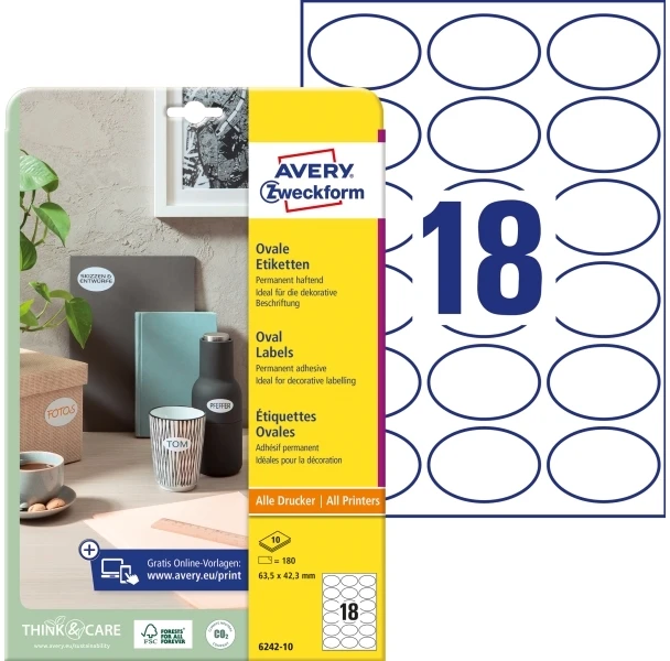AVERY Zweckform identifikavimo etiketės, ovalios, 63,5x42,3 mm, baltos, su ilgalaikiu klijais, nepadengtas popierius, - 1 vnt. (6242-10)