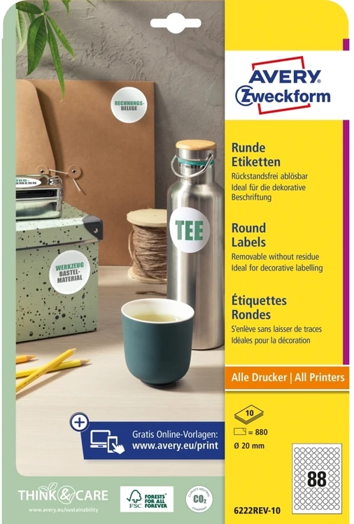 Avery Zweckform Avery 6222REV-10 Ø 20mm, A4, balti – nuimami apvalūs mažų produktų lipdukai