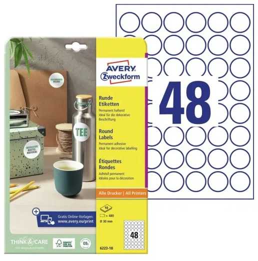 Avery Zweckform etykiety papierowe , A4, 10 ark., śr.30mm, apvalus, trwałe
