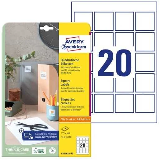AVERY Zweckform identifikavimo etiketės, 45 x 45 mm, baltos kvadratinės, nuimamos, nepadengtas popierius, - 1 vnt. (6252REV-10)