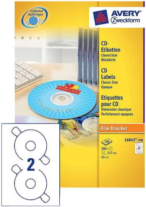 Lipnios etiketės Avery Zweckform CD, A4, 117mm, 2 etiketės lape, 100 lapų, baltos spalvos
