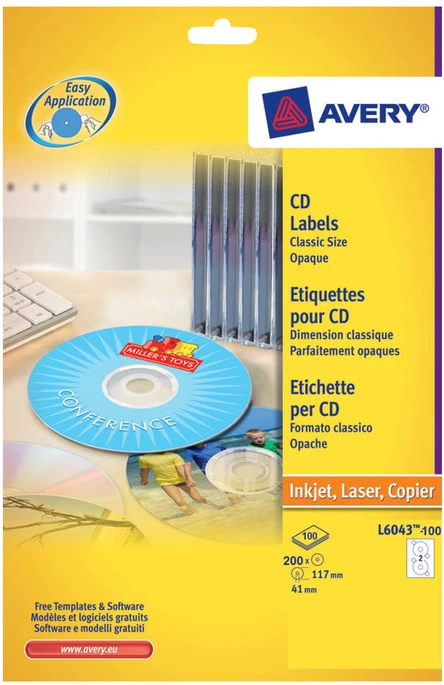 Lipnios etiketės Avery Zweckform CD, A4, 117mm, 2 etiketės lape, 100 lapų, baltos spalvos