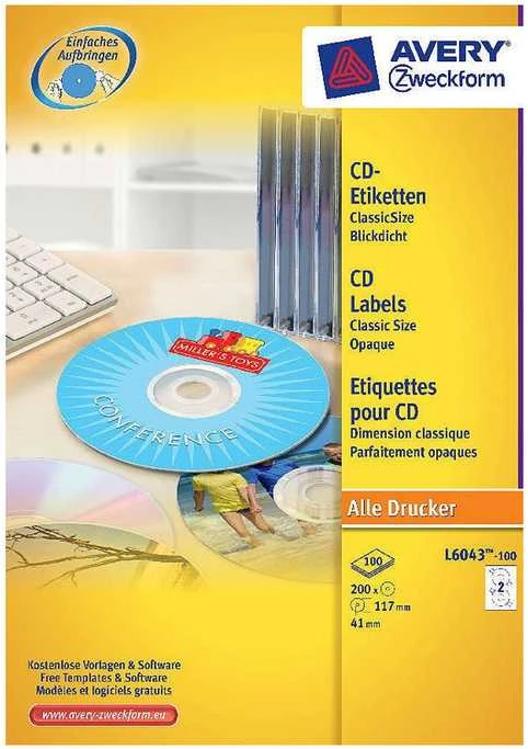 Lipnios etiketės Avery Zweckform CD, A4, 117mm, 2 etiketės lape, 100 lapų, baltos spalvos