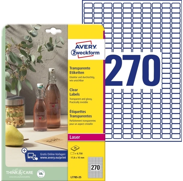 AVERY Zweckform permatomos etiketės, 17,8 x 10 mm, pagamintos iš poliesterio, atrodo lyg klijuotų tiesiai ant blizgančių paviršių - 1 vnt. (L7785-25)