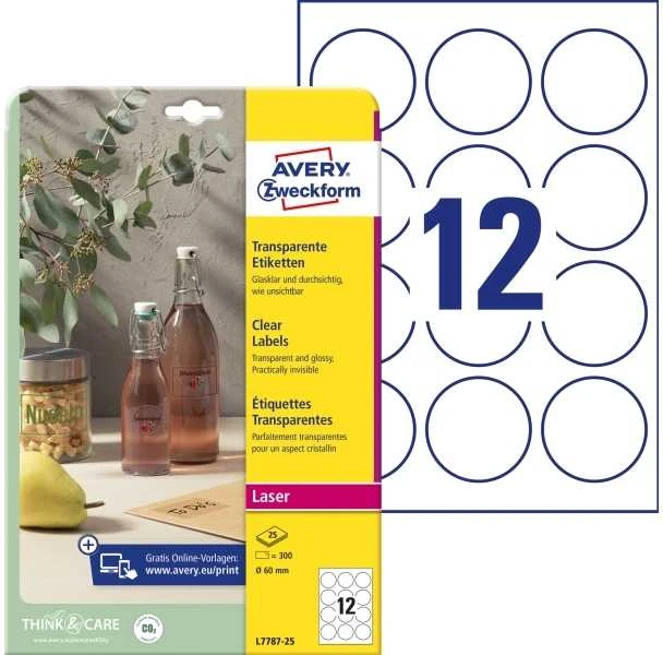AVERY Zweckform permatomos etiketės, 60 mm, apvalios, pagamintos iš poliesterio, atrodo lyg būtų tiesiogiai priklijuotos prie blizgių paviršių - 1 vnt. (L7787-25)
