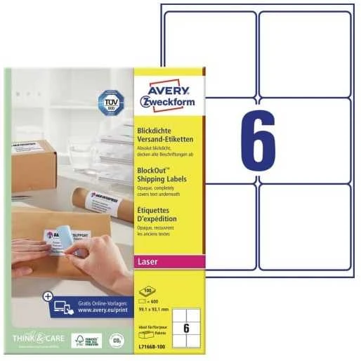 Avery Zweckform Siuntimo etiketės „Avery“ 99,1 x 93,1 mm, baltos spalvos su „BlockOut™“ funkcija – (100 lapų x 6 vnt.)