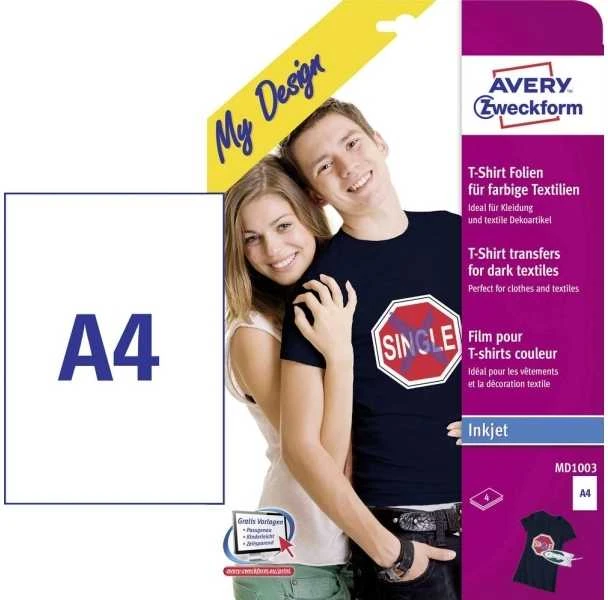 Avery Zweckform Lyginamos folijos spalvotiems audiniams A4 4 lapai perkėlimo folijos + 4 lakštai silikoninio popieriaus