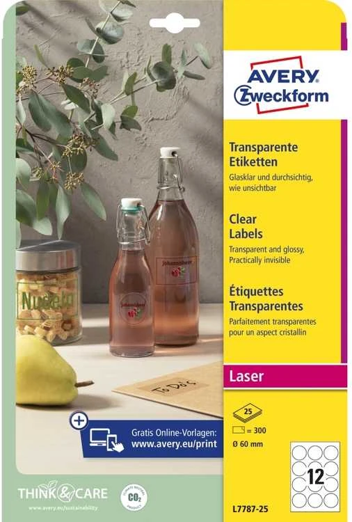 AVERY Zweckform permatomos etiketės, 60 mm, apvalios, pagamintos iš poliesterio, atrodo lyg būtų tiesiogiai priklijuotos prie blizgių paviršių - 1 vnt. (L7787-25)